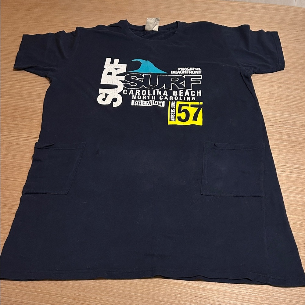 Navy Surf Graphic Tee Dress with Front Patch Pockets One Size